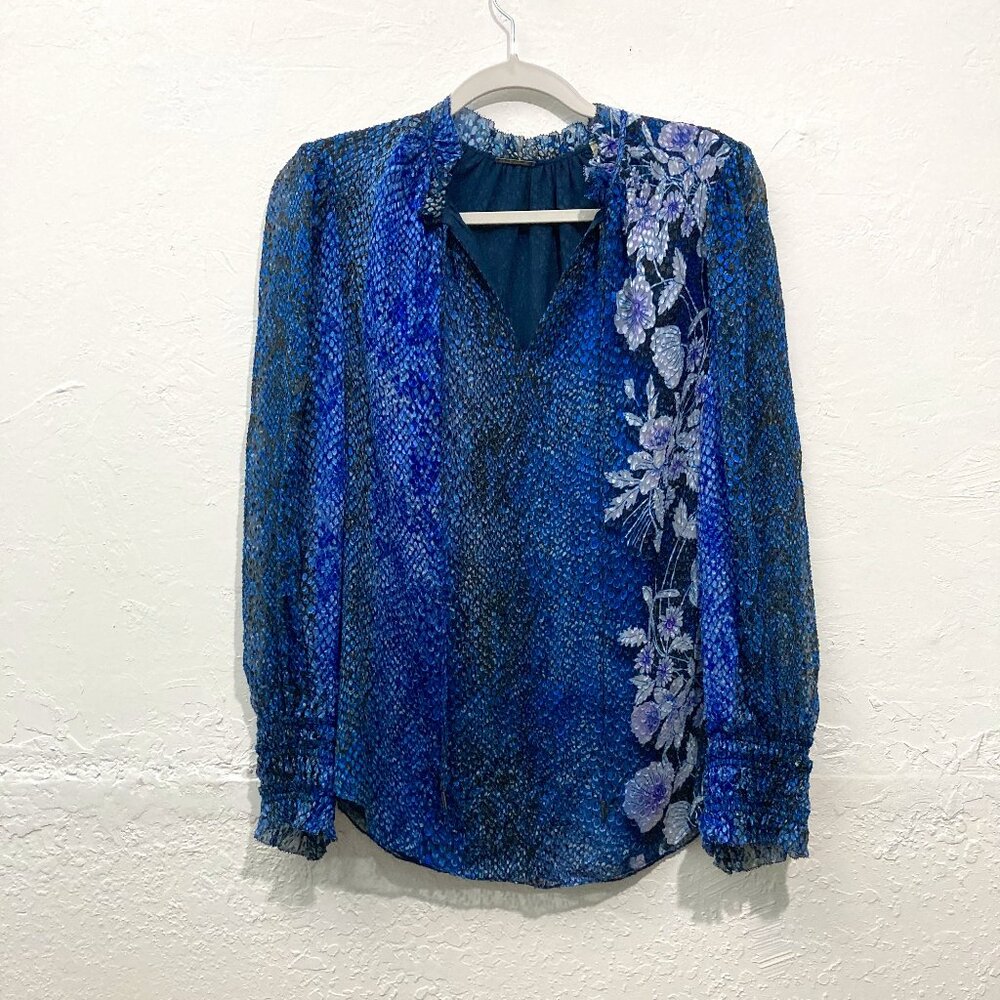 ELIE TAHARI Floral Silk Blend Blouse Top Textured Sheer Blue Snake Floral M/M